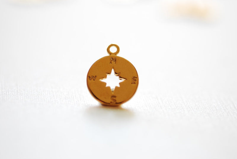 Shiny Vermeil Gold Small Compass Charm- 18k gold plated over Sterling Silver Compass, Vermeil Gold Disc Charm, True North Charm, 247 - HarperCrown