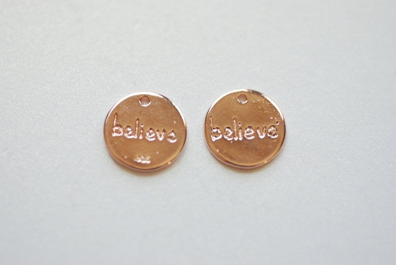 Shiny Vermeil Pink Rose Gold Round BELIEVE Disc- 18k gold plated Sterling Silver, 12mm Round Silver Disc, Vermeil Gold Round Blank, 185 Disc - HarperCrown