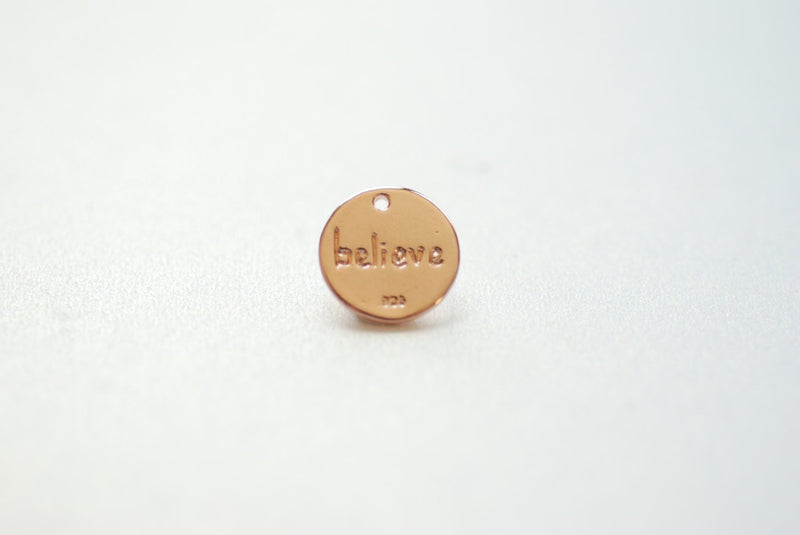 Shiny Vermeil Pink Rose Gold Round BELIEVE Disc- 18k gold plated Sterling Silver, 12mm Round Silver Disc, Vermeil Gold Round Blank, 185 Disc - HarperCrown