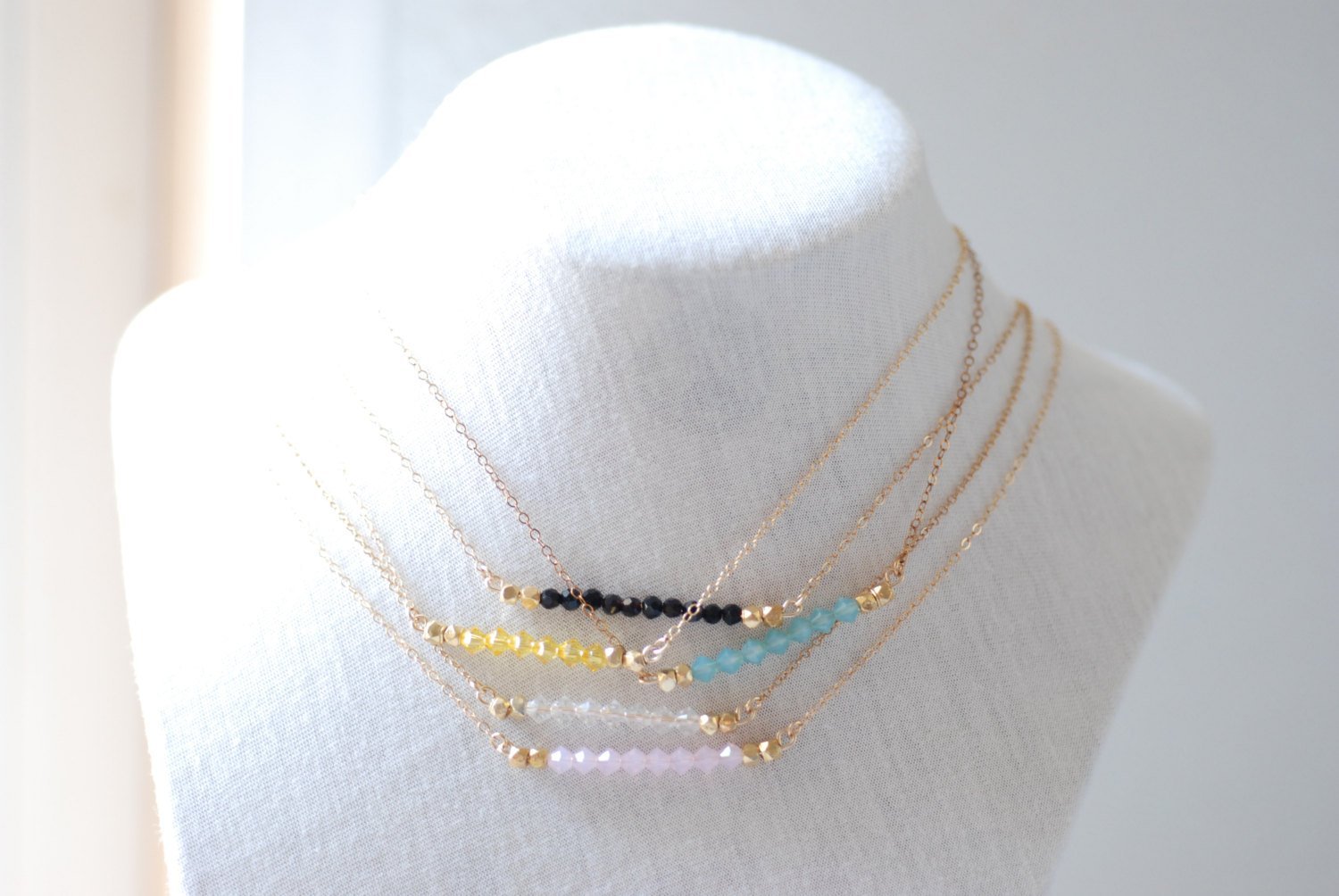 Short Gemstone Bar Necklaces, Dainty 14k Gold Fill or Sterling Silver Silver / Delicate Crystal Necklace Bar - HarperCrown