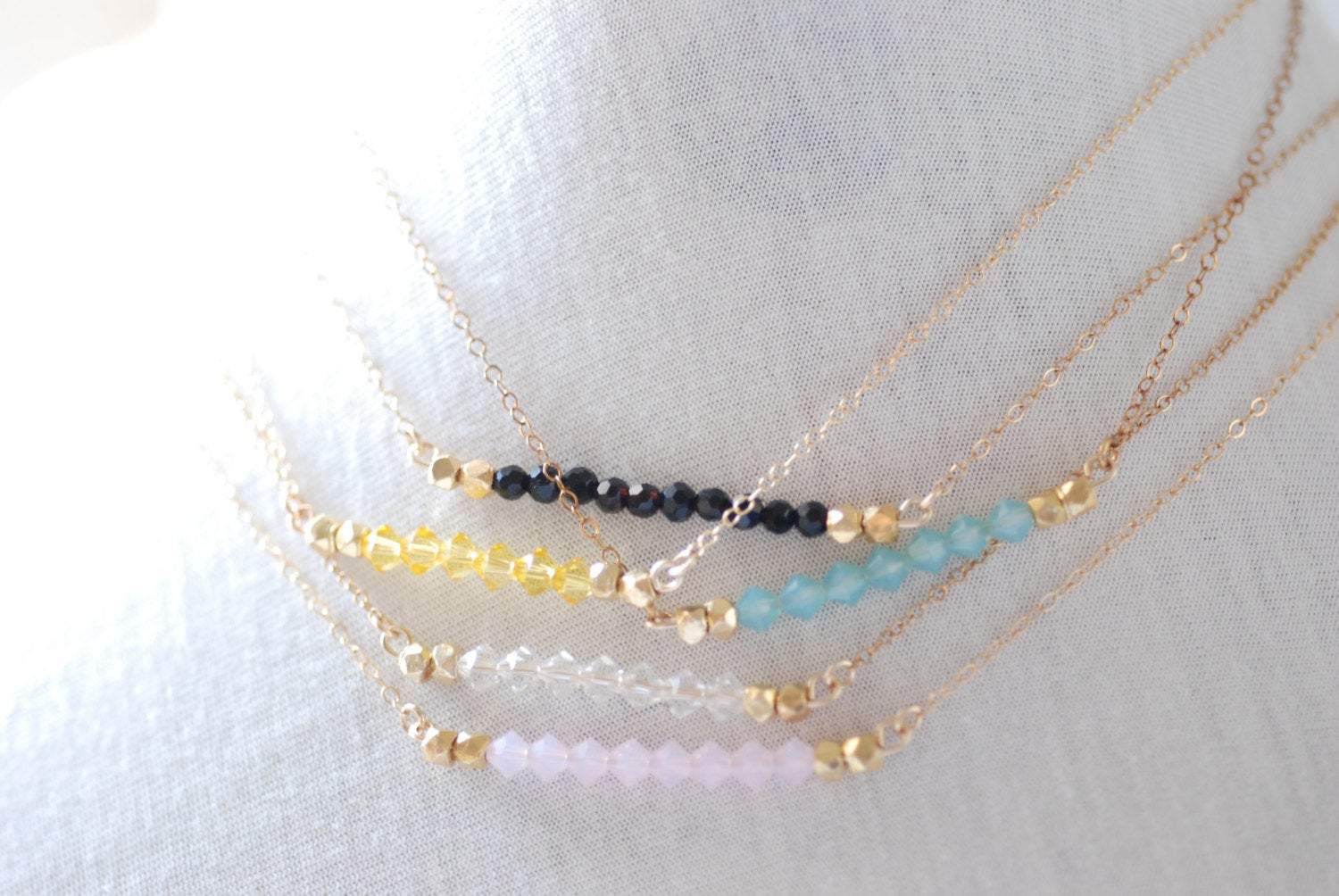 Short Gemstone Bar Necklaces, Dainty 14k Gold Fill or Sterling Silver Silver / Delicate Crystal Necklace Bar - HarperCrown