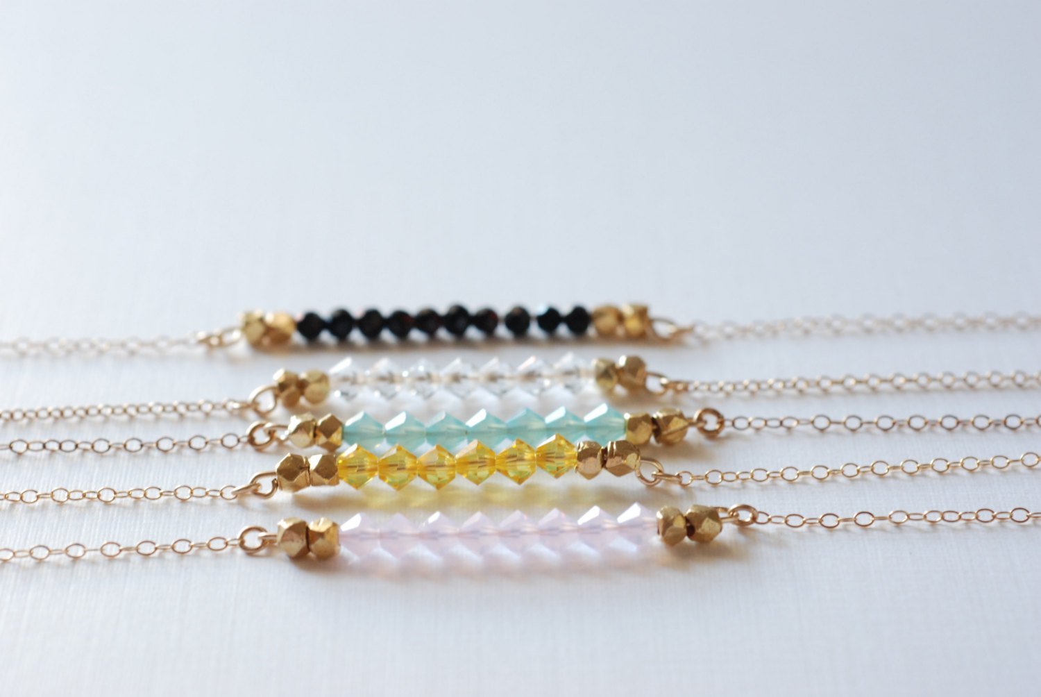 Short Gemstone Bar Necklaces, Dainty 14k Gold Fill or Sterling Silver Silver / Delicate Crystal Necklace Bar - HarperCrown