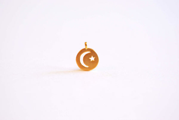 Small Crescent Moon Star Round Circle Tag Charm- Choose Vermeil Gold, Rose Gold, Sterling Silver, Moon Star cutout, night sky, circle, 427 - HarperCrown