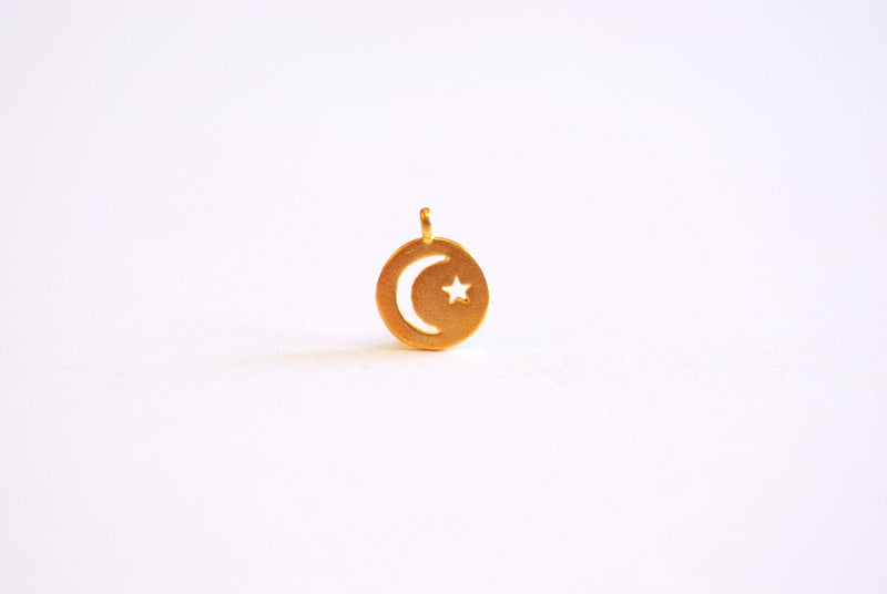 Small Crescent Moon Star Round Circle Tag Charm- Choose Vermeil Gold, Rose Gold, Sterling Silver, Moon Star cutout, night sky, circle, 427 - HarperCrown