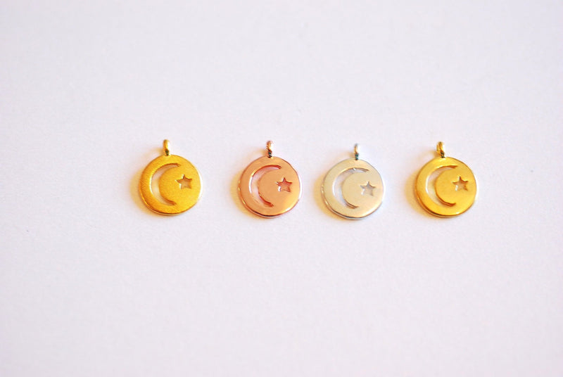 Small Crescent Moon Star Round Circle Tag Charm- Choose Vermeil Gold, Rose Gold, Sterling Silver, Moon Star cutout, night sky, circle, 427 - HarperCrown