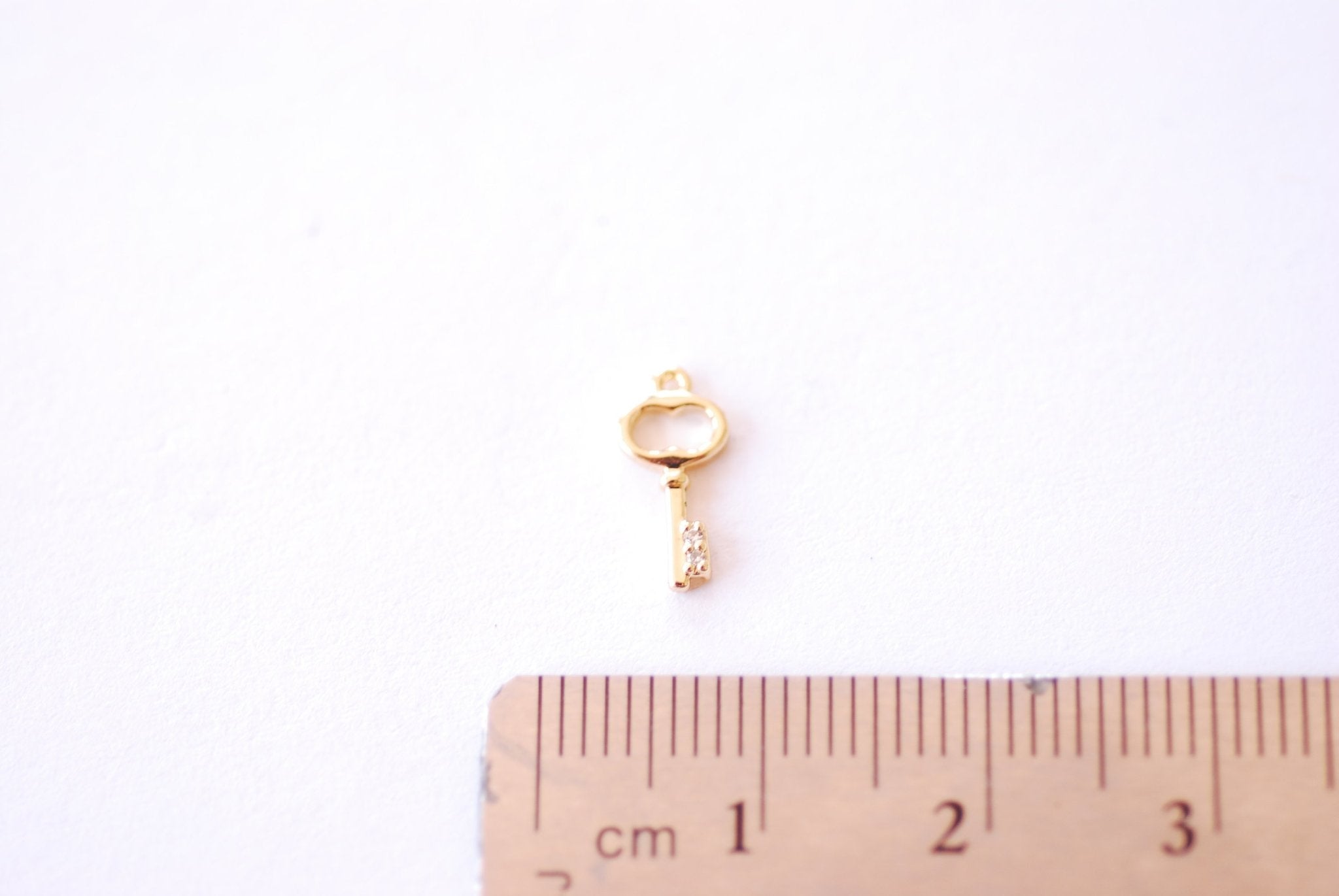 Small Dainty Key Charm | 16K Gold Plated over Brass CZ Cubic Zirconia | Tiny Gold Lock Key Pendant Wholesale Brass Charms B326 - HarperCrown