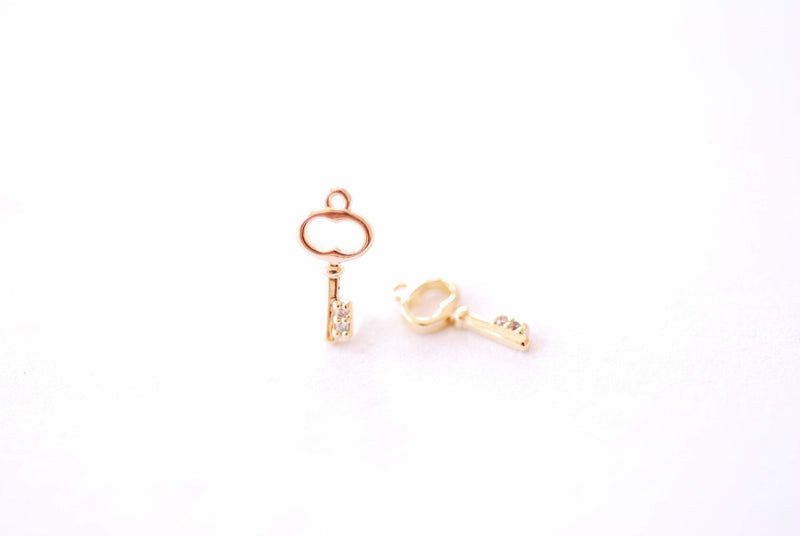 Small Dainty Key Charm | 16K Gold Plated over Brass CZ Cubic Zirconia | Tiny Gold Lock Key Pendant Wholesale Brass Charms B326 - HarperCrown