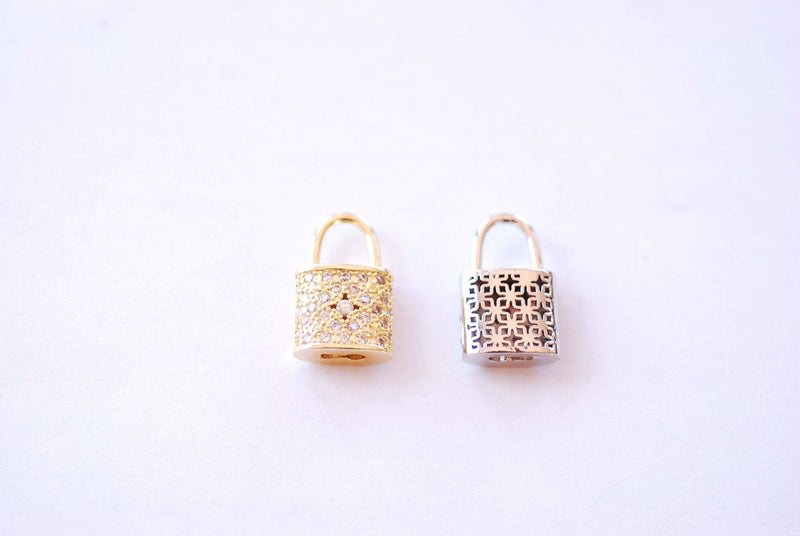 Small Padlock CZ Cubic Zirconia Charm - 16k gold plated over Brass Tiny Gold Lock Micro Pave Charm Pendant Wholesale Brass Charms B206 - HarperCrown