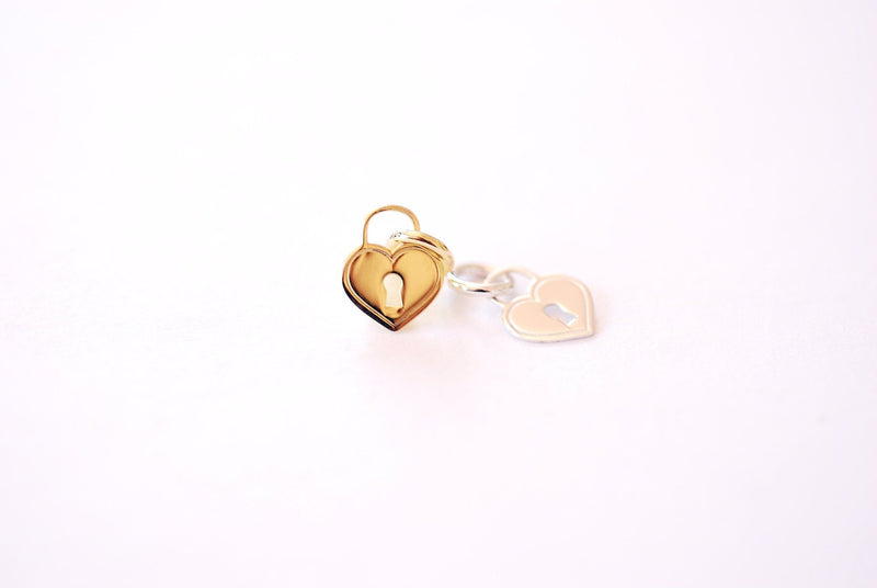 Small Vermeil Shiny Gold or 925 Sterling Silver Heart Padlock Shape Charm Pendant with attached jump ring love heart friendship charm - HarperCrown