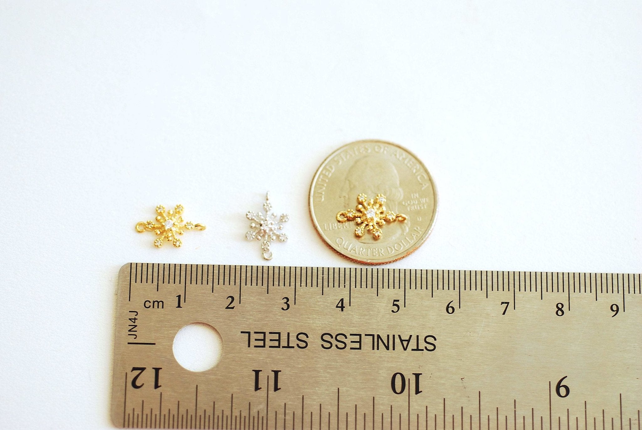 Snowflake connector Charm- Vermeil Gold 18k gold plated over Sterling Silver, Rose Gold, Cubic zirconia snowflake charm, Flower connector - HarperCrown