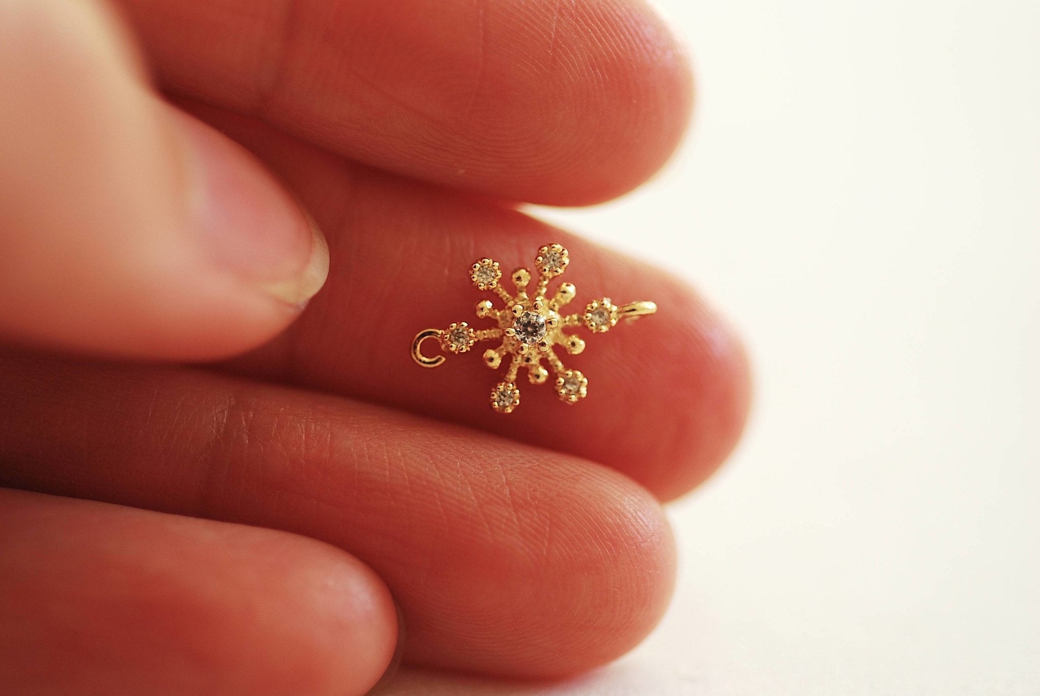 Snowflake connector Charm- Vermeil Gold 18k gold plated over Sterling Silver, Rose Gold, Cubic zirconia snowflake charm, Flower connector - HarperCrown