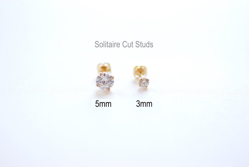 Solid 14k Yellow Gold Stud Earrings - Yellow Gold White CZ Earrings, Round Solitaire Studs, Princess Cut Stud Earrings, 3mm Studs, 4mm Studs - HarperCrown