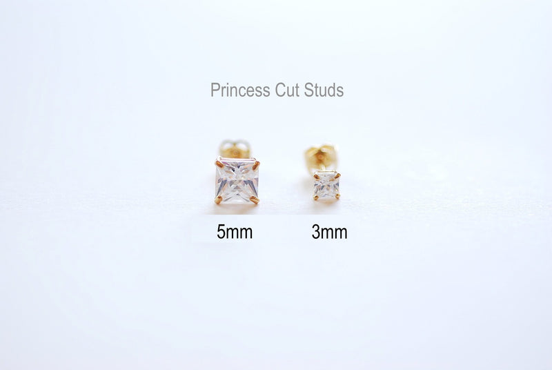 Solid 14k Yellow Gold Stud Earrings - Yellow Gold White CZ Earrings, Round Solitaire Studs, Princess Cut Stud Earrings, 3mm Studs, 4mm Studs - HarperCrown