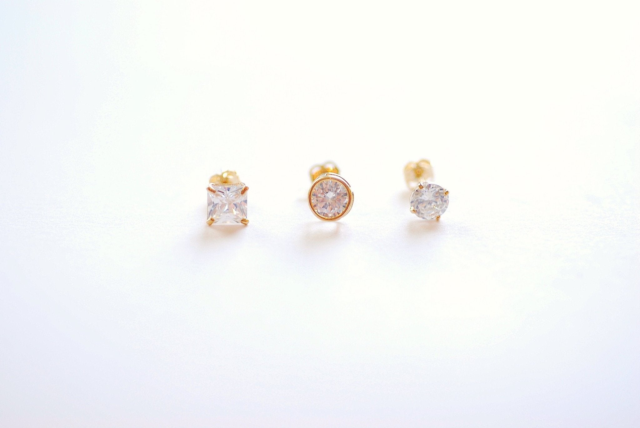 Solid 14k Yellow Gold Stud Earrings - Yellow Gold White CZ Earrings, Round Solitaire Studs, Princess Cut Stud Earrings, 3mm Studs, 4mm Studs - HarperCrown