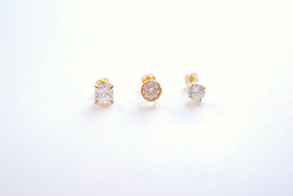 Solid 14k Yellow Gold Stud Earrings - Yellow Gold White CZ Earrings, Round Solitaire Studs, Princess Cut Stud Earrings, 3mm Studs, 4mm Studs - HarperCrown