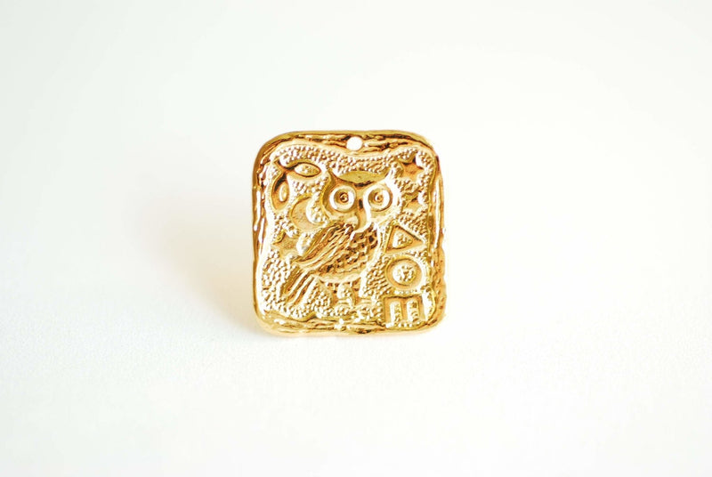 Square Owl Medallion Coin Pendant- Vermeil 18k Gold plated 925 Sterling Silver, Delta Omicron Epsilon, Greek Spanish Coin, Ancient Coin, 481 - HarperCrown