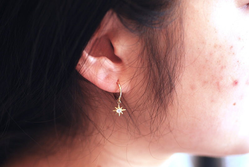 Star Hoop Huggier Charm Dangle Starburst Celestial Earrings - 925 Sterling Silver 16K Gold Plated CZ Cubic Zirconia Crystal B242 - HarperCrown