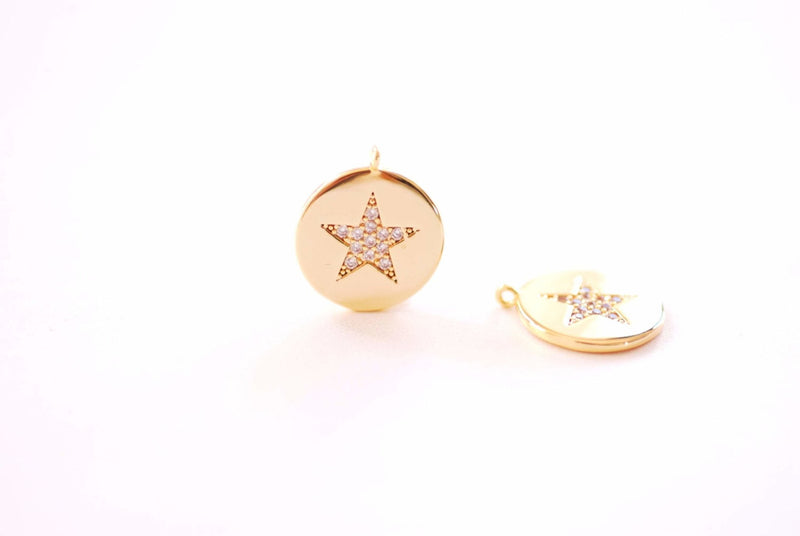 Star Micro Pave Cubic Zirconia Disc Charm - 16k Gold Plated over Brass North Star Starburst Micro Pave CZ DIY HarperCrown Wholesale B151 - HarperCrown
