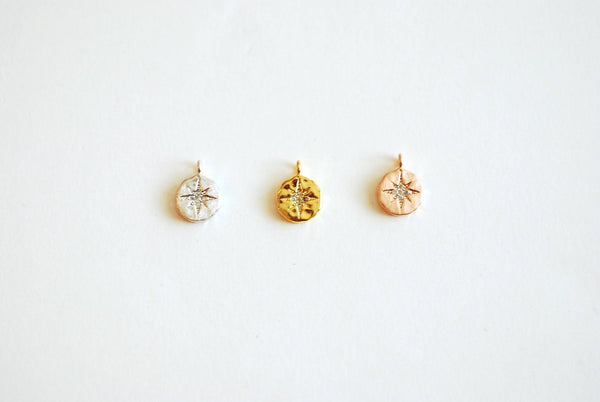 STARBURST Disc Pendant- Vermeil Gold plated 925 Sterling Silver, Rose Gold, CZ North Star Charm, Textured Disc, Polaris Pendant, CZ Pave - HarperCrown