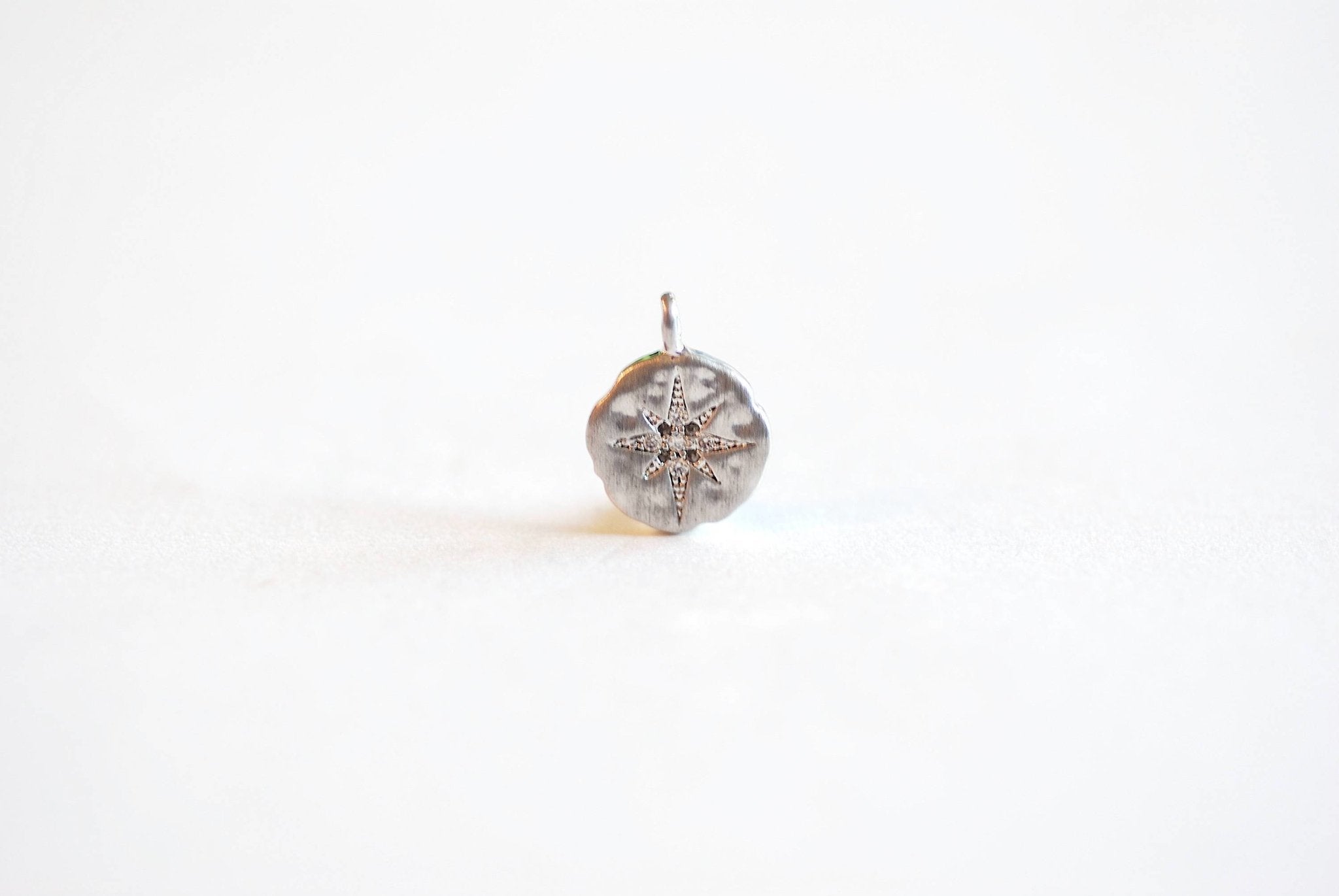 Sterling Silver 10MM Cubic Zirconia STARBURST Charm- CZ North Star Pendant, Vermeil Gold, Textured Disc, Polaris Charm, Vermeil Rose Gold - HarperCrown