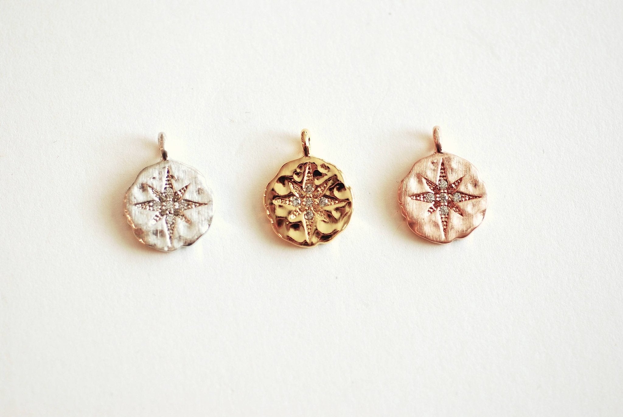 Sterling Silver 10MM Cubic Zirconia STARBURST Charm- CZ North Star Pendant, Vermeil Gold, Textured Disc, Polaris Charm, Vermeil Rose Gold - HarperCrown