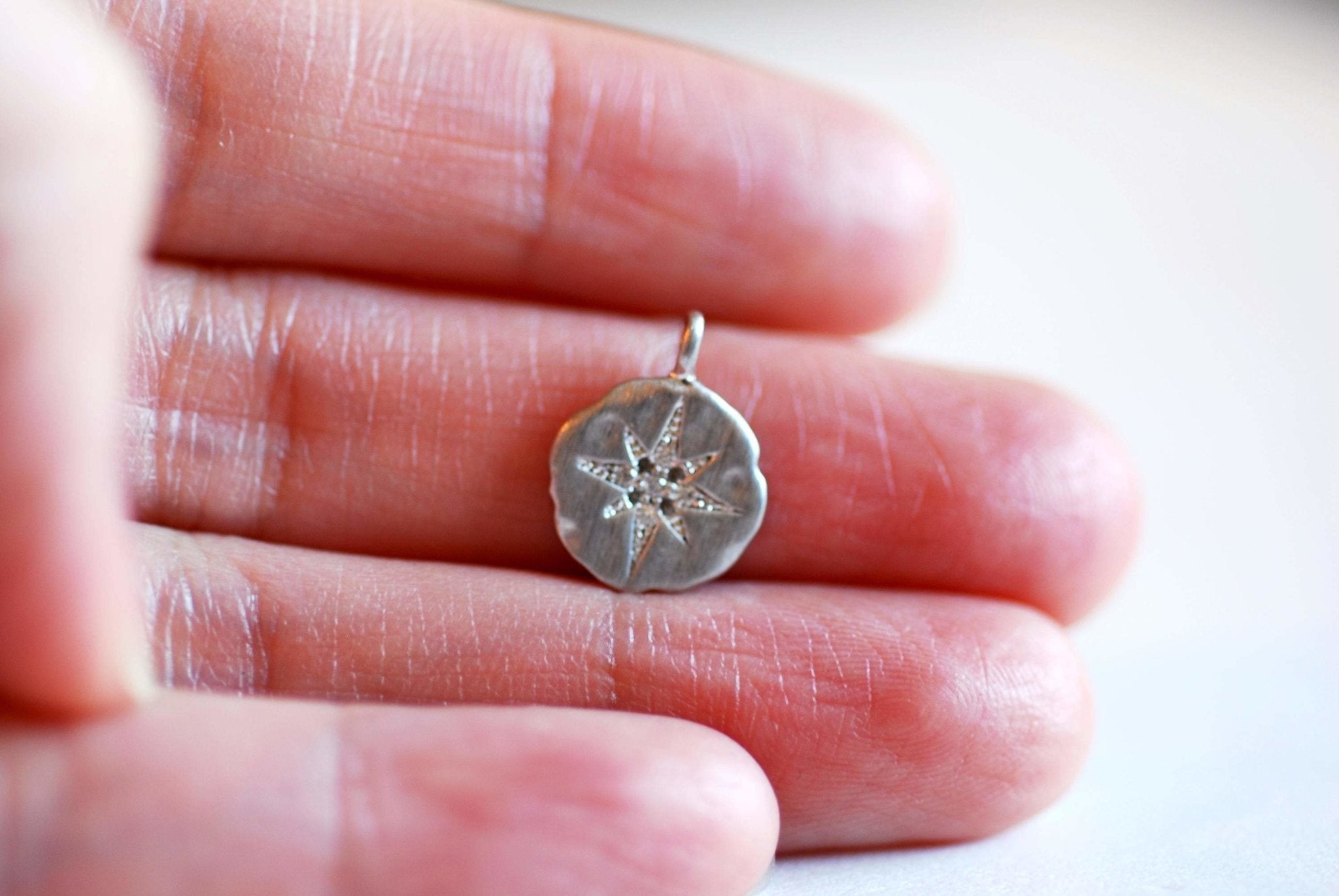 Sterling Silver 10MM Cubic Zirconia STARBURST Charm- CZ North Star Pendant, Vermeil Gold, Textured Disc, Polaris Charm, Vermeil Rose Gold - HarperCrown