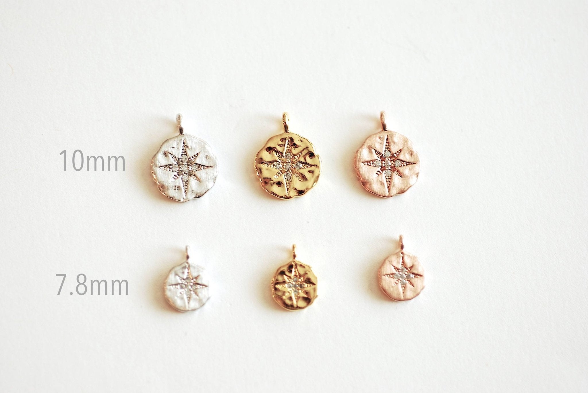 Sterling Silver 10MM Cubic Zirconia STARBURST Charm- CZ North Star Pendant, Vermeil Gold, Textured Disc, Polaris Charm, Vermeil Rose Gold - HarperCrown
