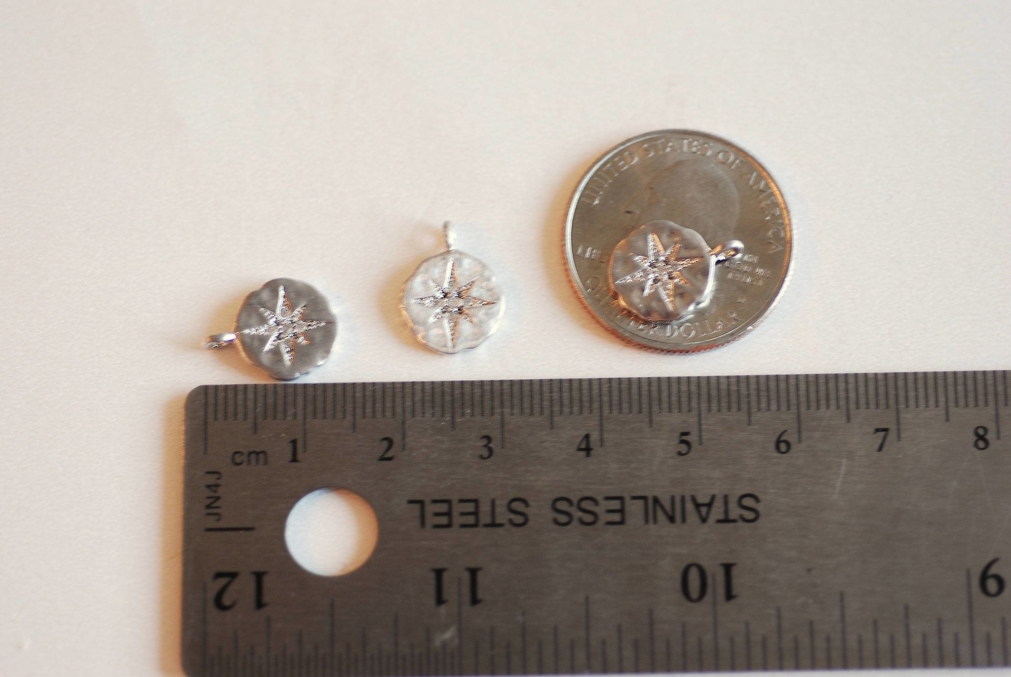 Sterling Silver 10MM Cubic Zirconia STARBURST Charm- CZ North Star Pendant, Vermeil Gold, Textured Disc, Polaris Charm, Vermeil Rose Gold - HarperCrown