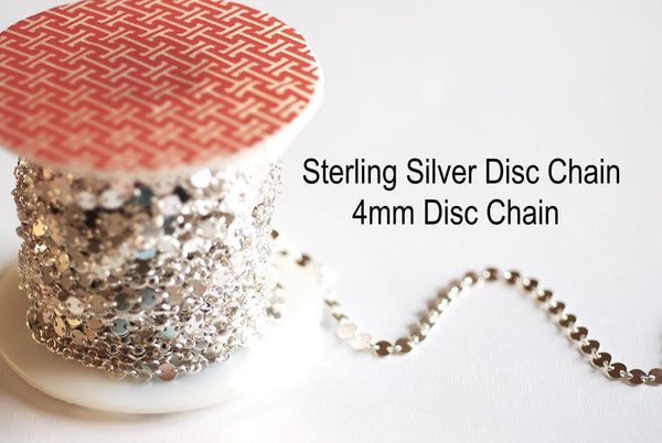 Sterling Silver 4mm Round Disc Chain- 925 Sterling Silver Round Disc Circle Chain, Chain by foot, Wholesale BULK DIY Jewelry Findings, Disc - HarperCrown