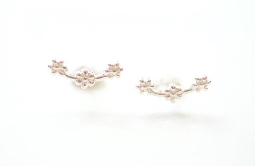 Sterling Silver Flower Ear Climber earrings, Flower Ear Crawler, Cuff Earrings, Ear Pins, Ear Wrap Earrings, Ear Sweep, Wholesale Earrings - HarperCrown