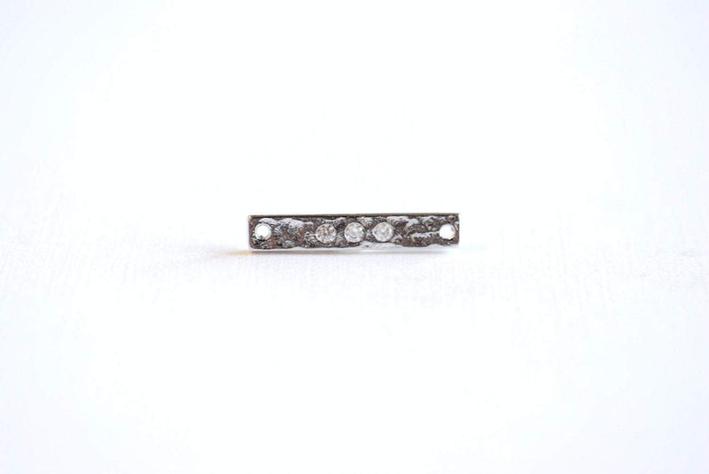 Sterling Silver Hammered Bar Connector Charm- 925 Silver with encrusted CZ stones, Cubic Zirconia stones bar, Silver Bar Spacer Link, Bulk - HarperCrown