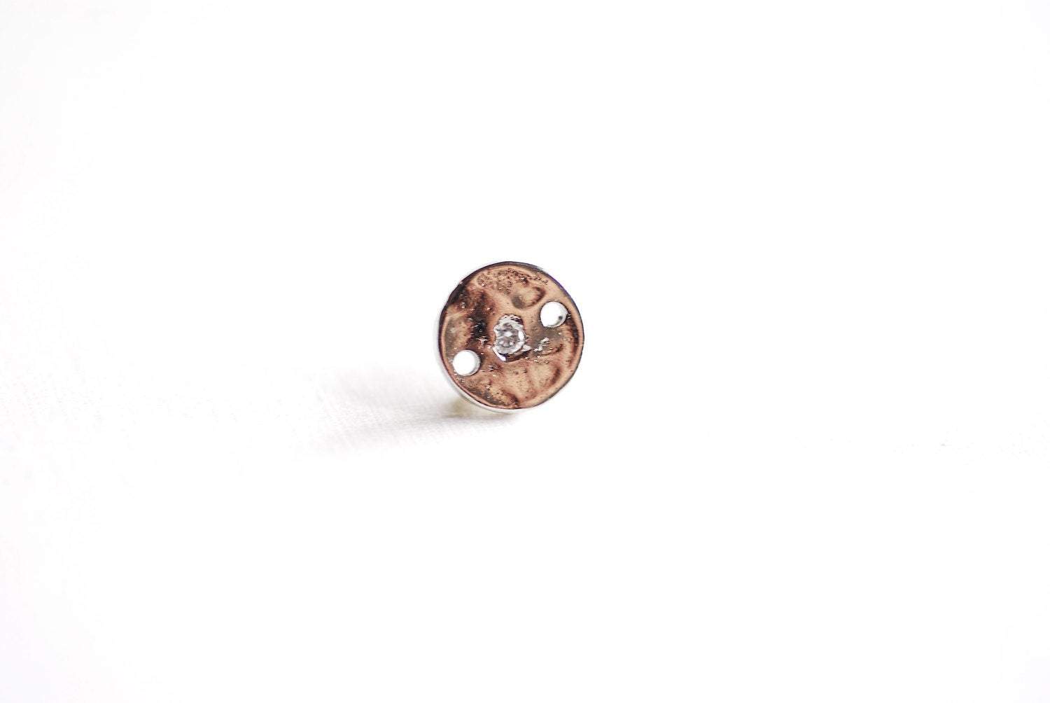 Sterling Silver Hammered Round Circle Connector- 925 Sterling Silver Round charm pendant, Silver Round circle link with CZ stone, CZ Link - HarperCrown