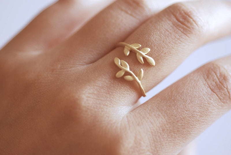 Sterling Silver Leaf Branch Ring, Gold Leaf Ring, Rose Gold Leaf Ring. Layering Ring, Vine Ring, Laurel Ring, Nature Jewelry, twig ring - HarperCrown