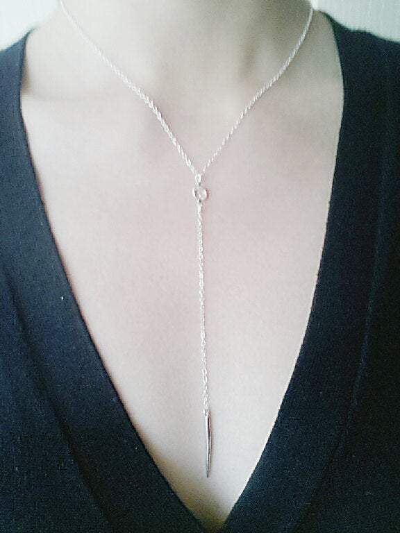 Sterling Silver Needle Bar Necklace Lariat,Silver Needle Rosary,Needle Necklace,Silver Dagger Necklace,Spike Necklace,Spear Necklace - HarperCrown