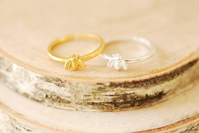 Sterling Silver or 18k Gold Bee Ring - Gold Honeybee Adjustable Ring Tiny Bee Ring Stacking Ring Midi Ring Everyday Ring Bee Jewelry [A108] - HarperCrown