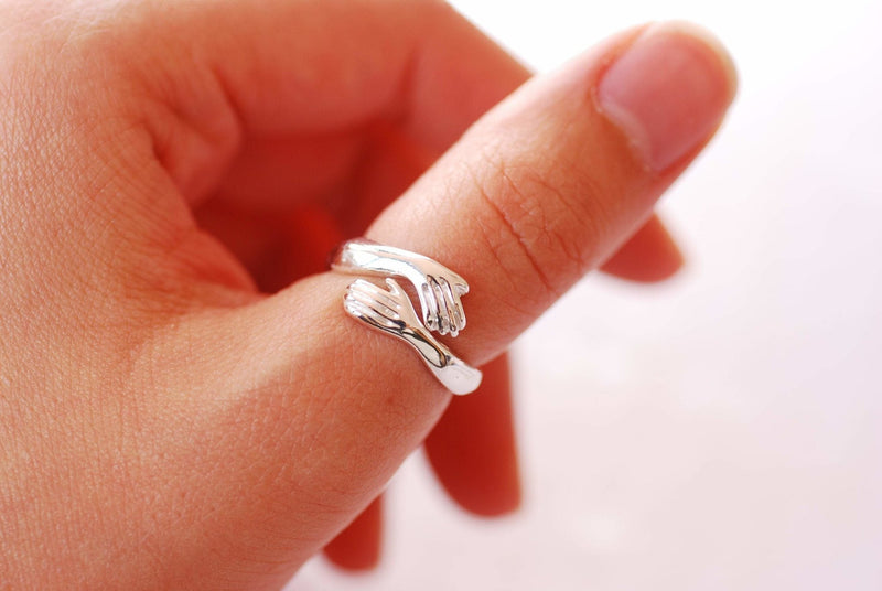 Sterling Silver or Gold Hand Hugging Ring, Embrace Ring