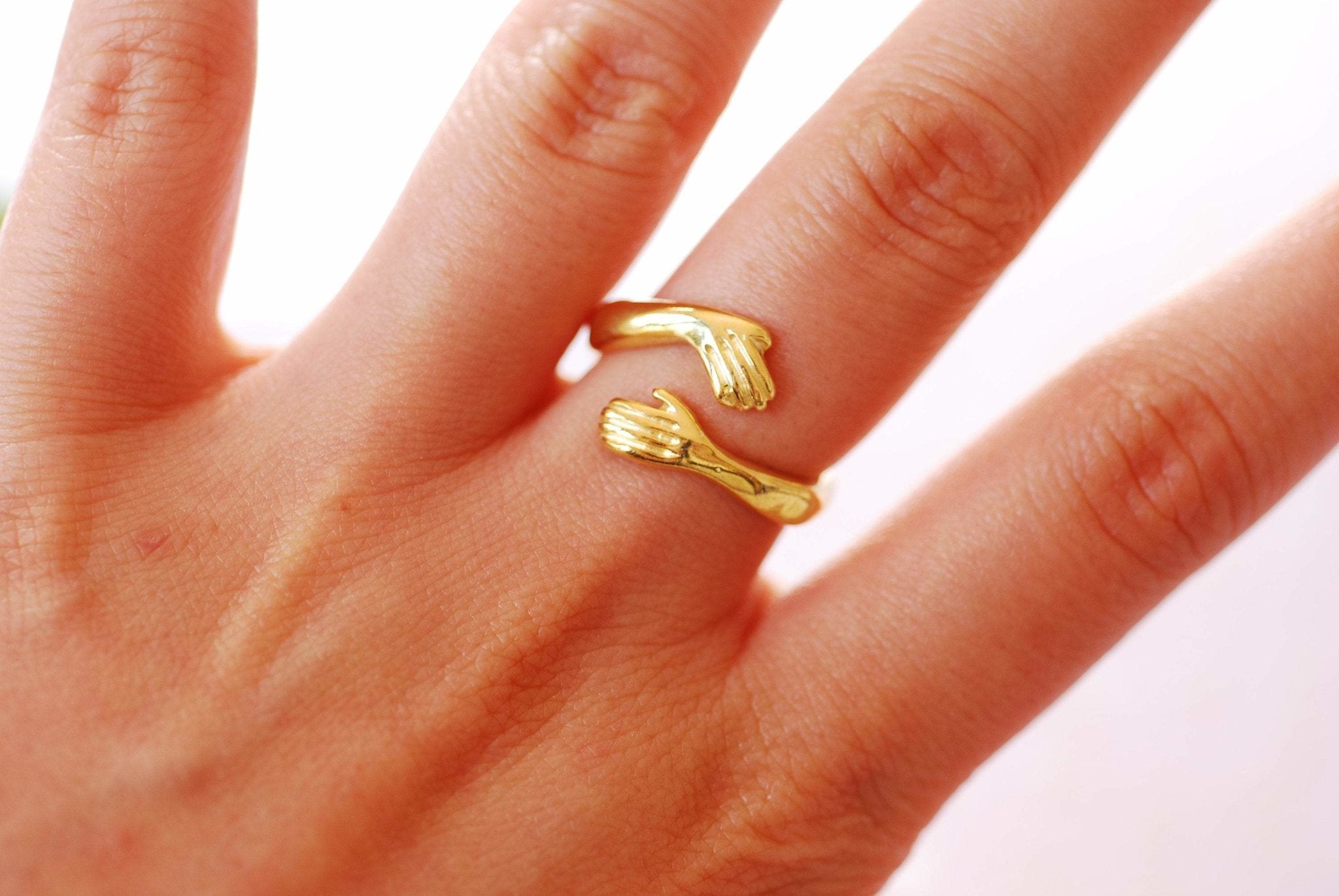 Sterling Silver or Gold Hand Hugging Ring, Embrace Ring, Adjustable Ring, Statement Ring Hand Hug Ring Love Ring Ring for Him or Her - HarperCrown