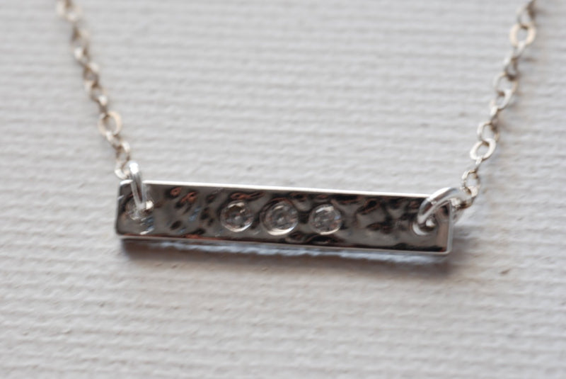 Sterling Silver Sideways Hammered Bar Necklace,Silver Bar with Crystals,Horizontal Bar Necklace,Hammered Sideways Bar,Dainty Bar Necklace - HarperCrown