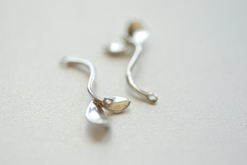 Sterling Silver Small Sprout Charm Connector - 925 Silver Leaf Branch Twig Charm Pendant, Skinny Bean Sprout Charm, Silver Leaf Charm, 196 - HarperCrown