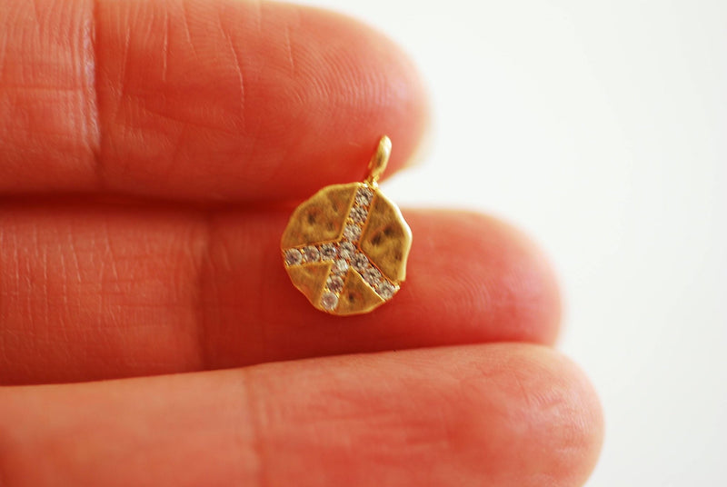 Vermeil Gold 9mm Cubic Zirconia PEACE Charm- 22k Gold plated Sterling Silver, Micro Pave Charm, Disc attached Bail, Round Circle PEACE Charm - HarperCrown