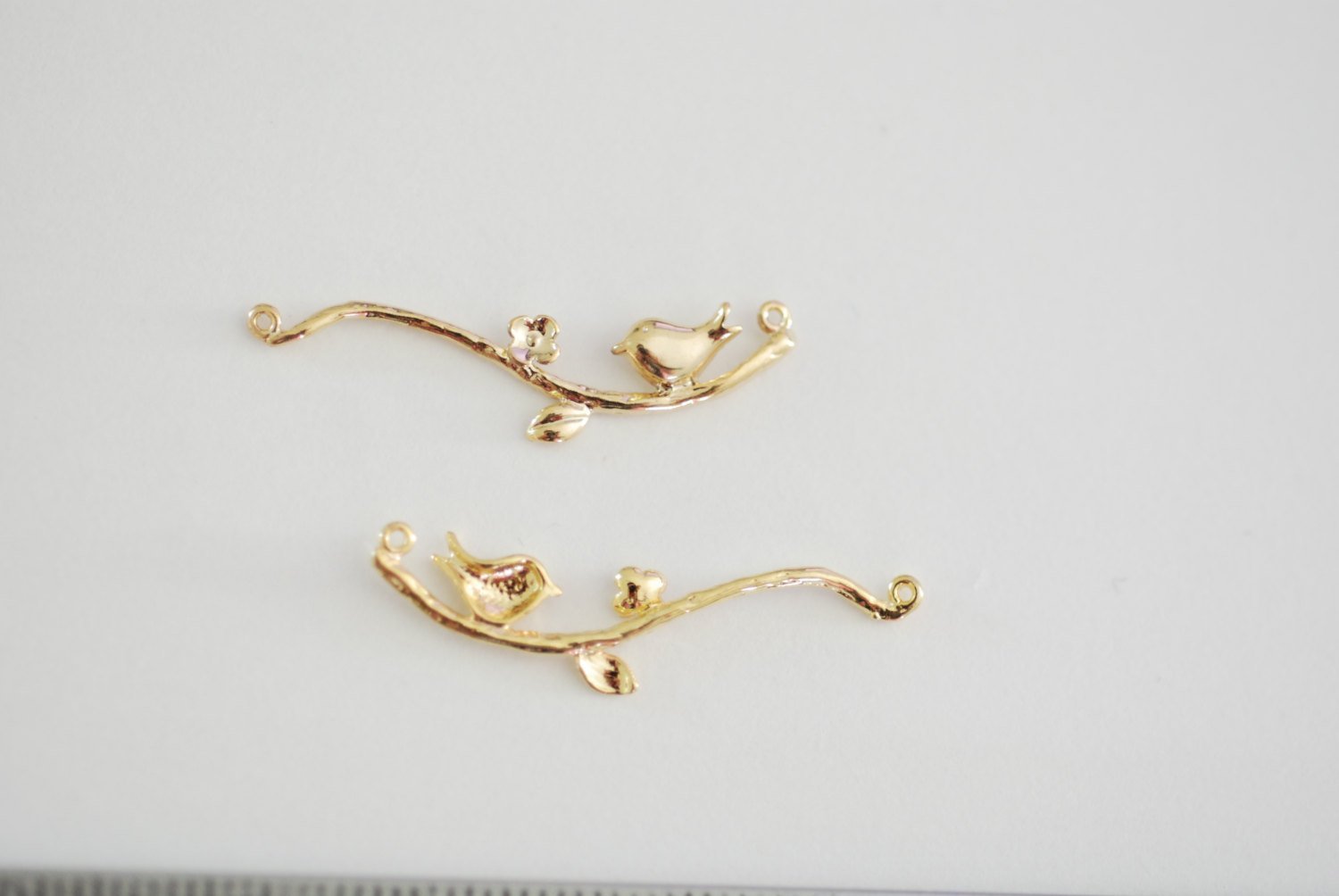 Vermeil Gold Branch Bird Connector - 18k gold plated over sterling silver, Gold Branch Bird Charm Link Spacer, Gold Bird Charm, Gold Leaf - HarperCrown
