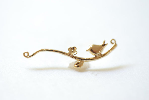 Vermeil Gold Branch Bird Connector - 18k gold plated over sterling silver, Gold Branch Bird Charm Link Spacer, Gold Bird Charm, Gold Leaf - HarperCrown