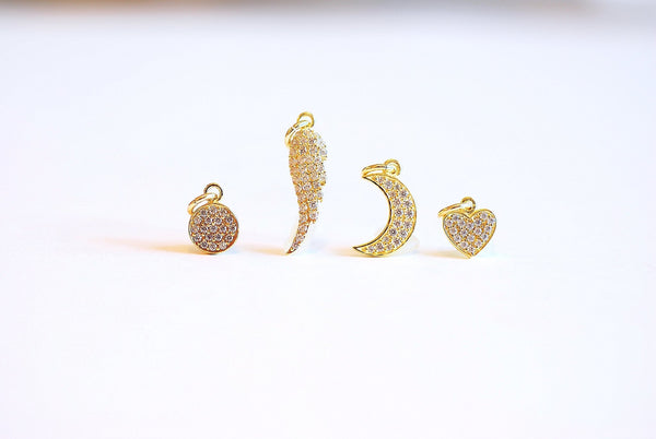 Vermeil Gold Crescent Moon CZ Pave Charm- Angel Wing, Round Circle, Heart, Cubic Zirconia Pave Charm, Pave Charms, attached Bail, 189 - HarperCrown