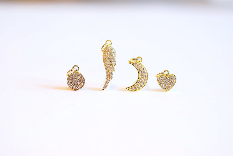 Vermeil Gold Crescent Moon CZ Pave Charm- Angel Wing, Round Circle, Heart, Cubic Zirconia Pave Charm, Pave Charms, attached Bail, 189 - HarperCrown