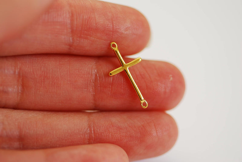 Vermeil Gold Cross Connector Charm- 22k Gold plated over sterling Silver, Rose Gold Cross, Spacer, Link, sideways horizontal cross, E48 - HarperCrown