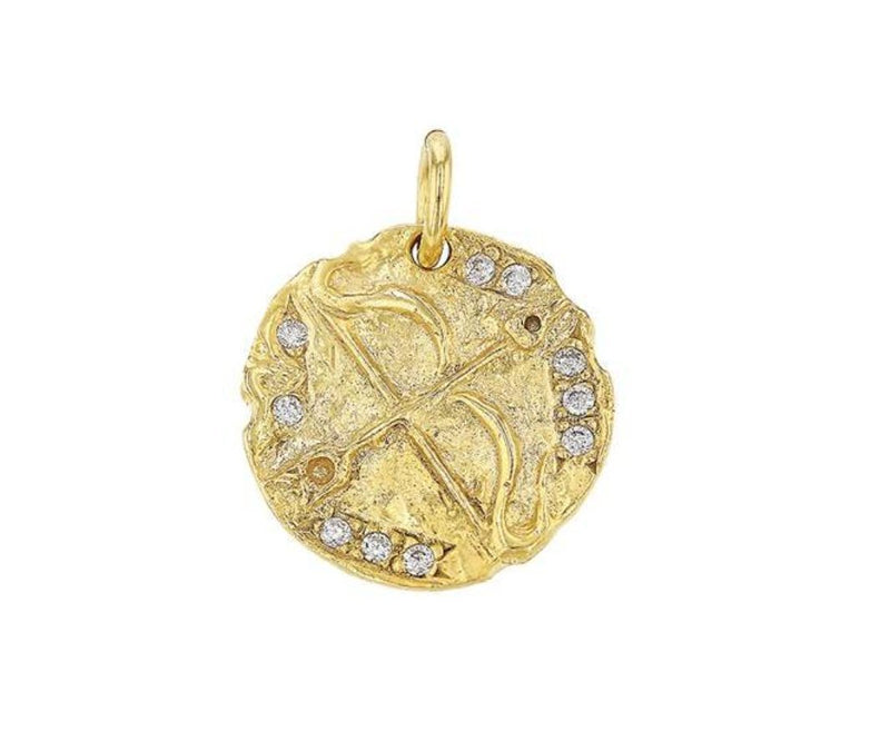 Vermeil Gold Cubic Zirconia Bow and Arrow Disc Charm - 18k gold plated 925 sterling Silver Archer Charm, 16mm Cubic Zirconia Zodiac Pendant - HarperCrown