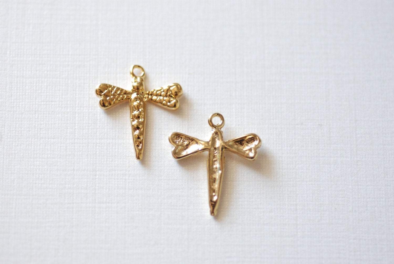 Vermeil Gold Dragonfly Charm, 18k gold plated over sterling silver Insect Charm, Gold Wings Charm, artisan organic nature insect wholesale - HarperCrown