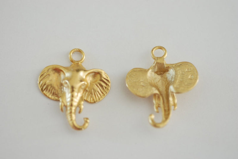 Vermeil Gold Elephant Head Charm - 18k gold plated over 925 silver, animal pendant, gold elephant, Matte elephant Charm, 140 - HarperCrown