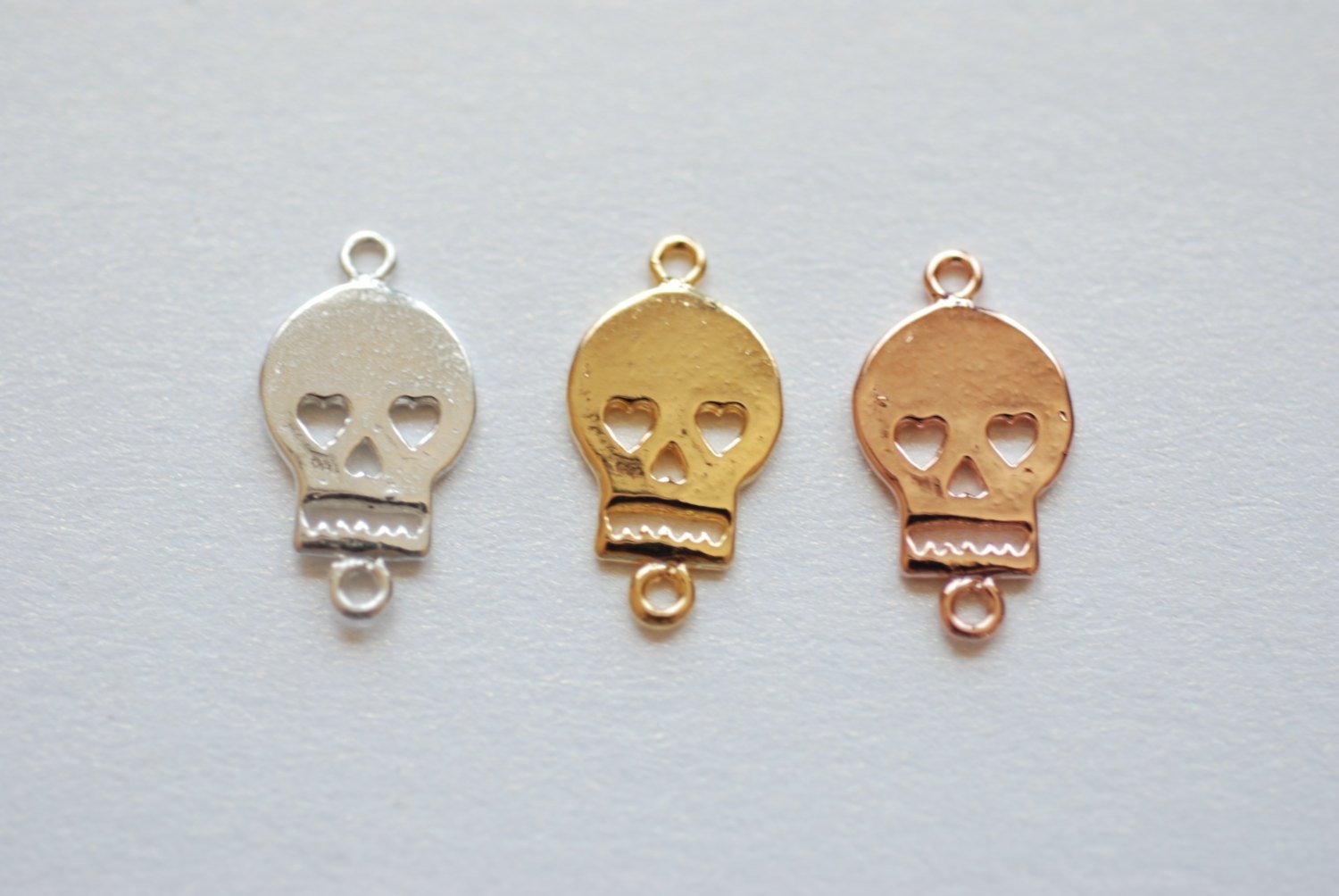 Vermeil Gold Flat Skull Charm- 18k gold plated over Sterling Silver, Skull with Hearts Charm, Vermeil Gold Skull Connector Link Spacer, 200 - HarperCrown