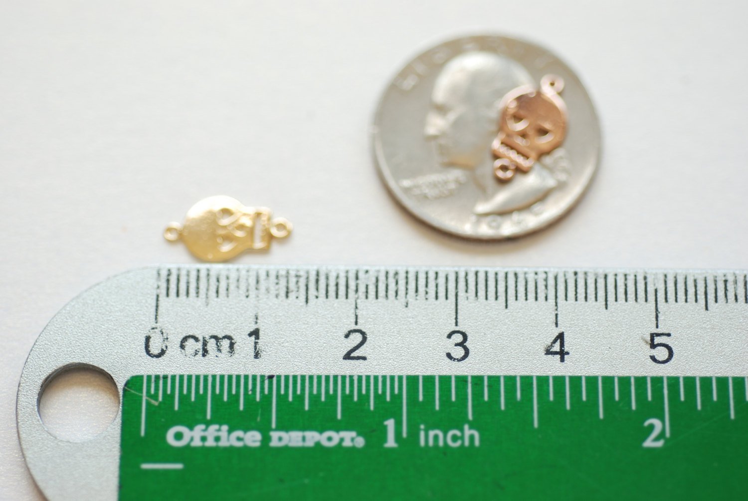 Vermeil Gold Flat Skull Charm- 18k gold plated over Sterling Silver, Skull with Hearts Charm, Vermeil Gold Skull Connector Link Spacer, 200 - HarperCrown